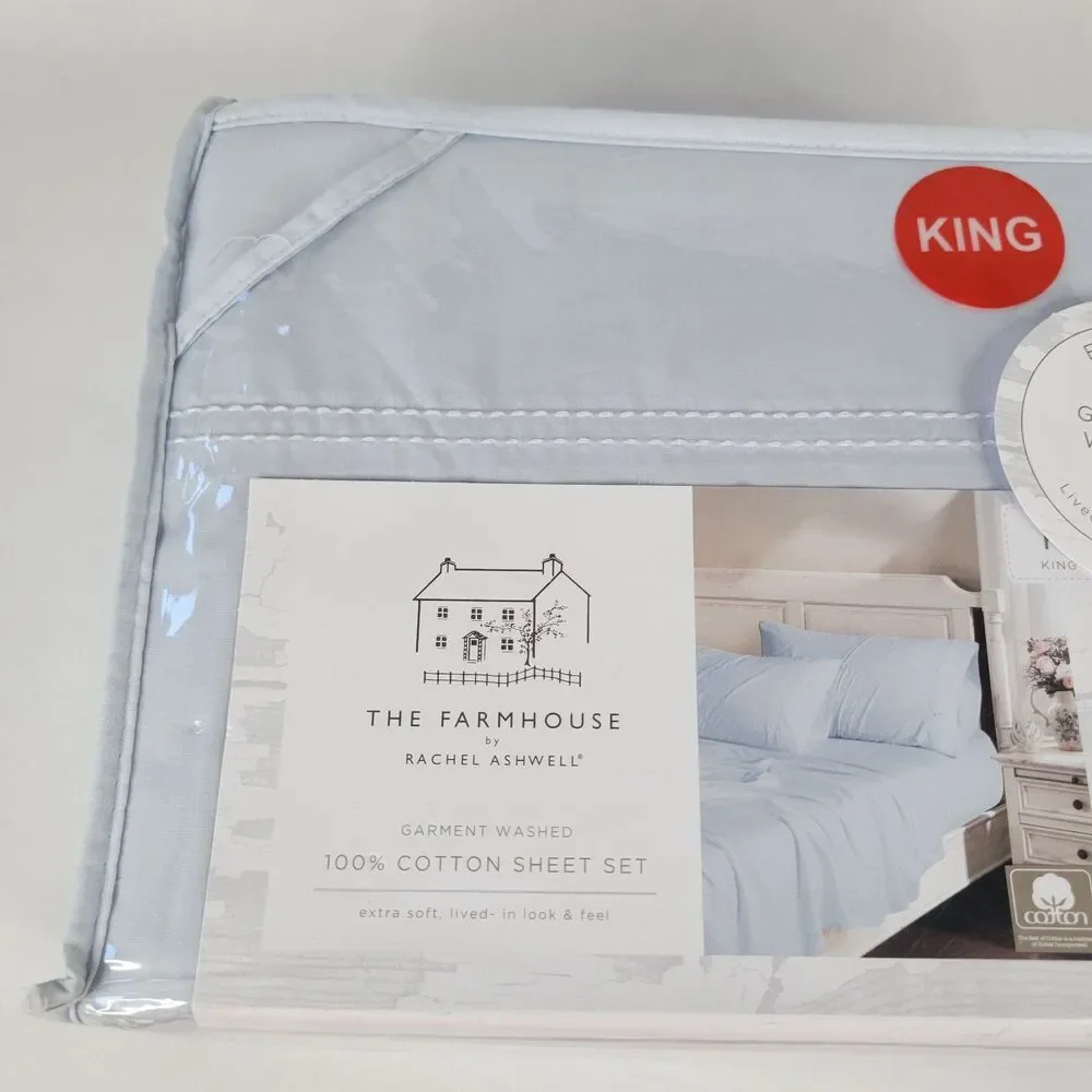Shabby Chic 4pc KING Sheets Set Solid Light Blue Cotton Farmhouse Rachel Ashwell
